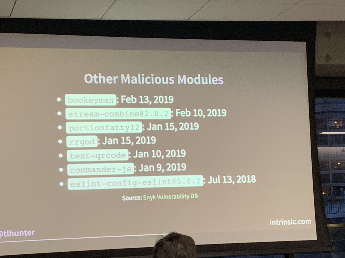 simalexan's tweet image. Interesting talk by @tlhunter 
“Real World Attacks in the npm Ecosystem” #SFNode meetup