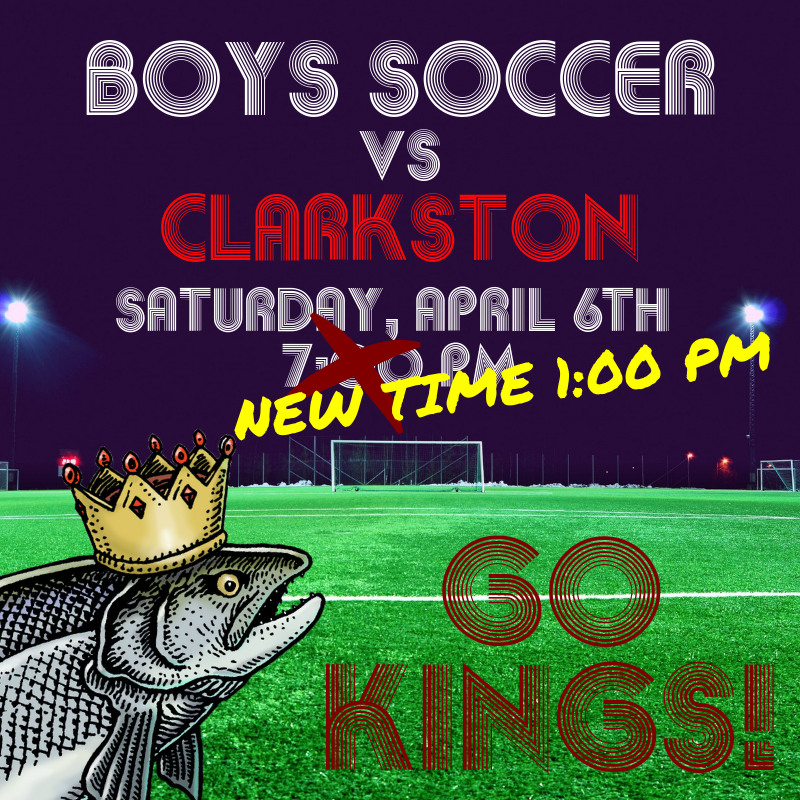 New time for the Boys Soccer game against Clarkston this Saturday! See you at 1:00 PM!