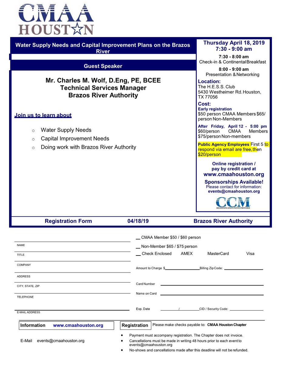 CMAA_HOUSTON's tweet photo. Join us for our next CMAA Houston VIP Breakfast on 4/18 at HESS at 7:30 AM.  Registration form attached.
#CMAA #ConstructionManagement #CIP #Leadership #BrazosRiver #CCM #CMIT #HoustonConstruction #Houston #Programs #HESS #WaterUse https://t.co/WALCPFqkb5