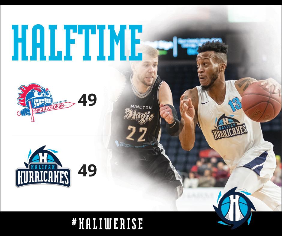 hfxhurricanes's tweet photo. Game 1 is all tied up at the half! It's 49-all. Terry Thomas is tearing it up! 22 points on 9-15 shooting in the first two quarters off the bench. Catch the second half soon on https://t.co/8gr7qEzKCX! #HaliWeRise https://t.co/Vs2nCa1Yfn