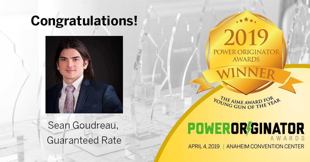 PowerOriginator's tweet photo. The recipient of the @AIMEnational Award for Young Gun of the Year is @SeanGoudreau of @GuaranteedRate!
#PowerOriginator https://t.co/WHh7DqMQL1