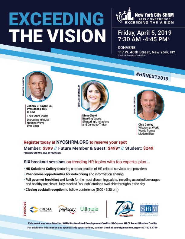 NYCSHRM's tweet photo. won't be able to sleep tonight, anxiously awaiting the 2019 Annual Conference. We have awesome keynote speakers and phenomenal breakout sessions. For those unable to attend, we will be live tweeting and updating Instagram! #HRNEXT2019 #EXCEEDINGTHEVISION #NYCSHRM via ^JG https://t.co/mdKnG0Qh1E
