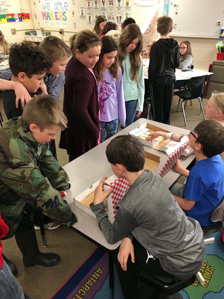 SpoonerElem's tweet photo. SES 4th graders created pizzas in Math W.I.N. to learn about fractions!  They learned how to make equivalent fractions and write addition and subtraction story problems about their toppings and slices.  Special thanks to Denelies Pizza providing our students with pizza boxes! https://t.co/S3O9dZsZwz