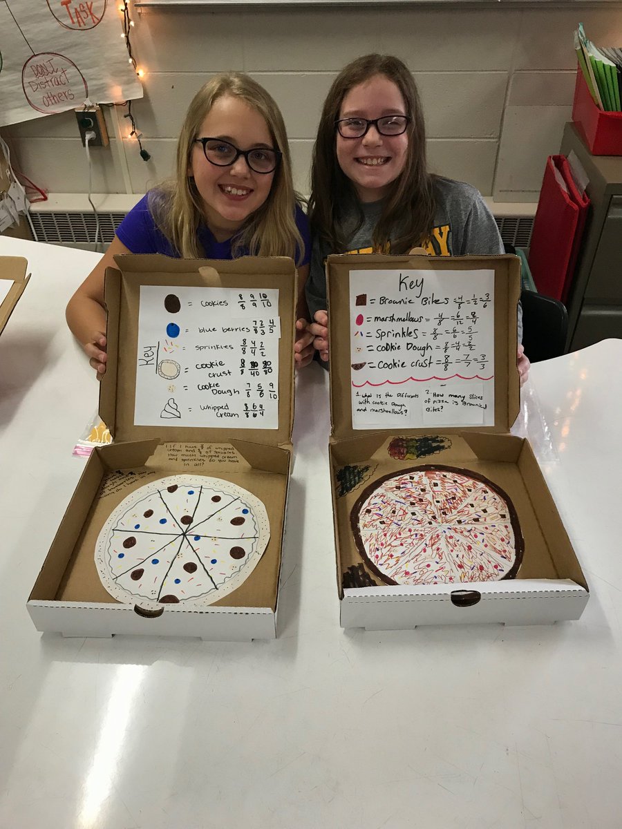 SpoonerElem's tweet photo. SES 4th graders created pizzas in Math W.I.N. to learn about fractions!  They learned how to make equivalent fractions and write addition and subtraction story problems about their toppings and slices.  Special thanks to Denelies Pizza providing our students with pizza boxes! https://t.co/S3O9dZsZwz