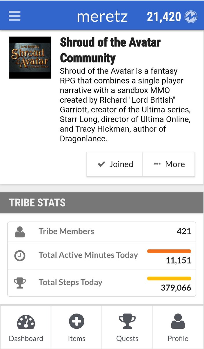 Ooh, look what I noticed in the <a href="/MeretzApp/">Meretz</a> website? Our tribe has stats showing! Nice, Avatars!

Doesn't seem to be in the app version yet, but a nice first step! If you are a <a href="/ShroudofAvatar/">Shroud of the Avatar</a> fan, join us using the code 'WELLNESS' and start earning in-game rewards for exercising!