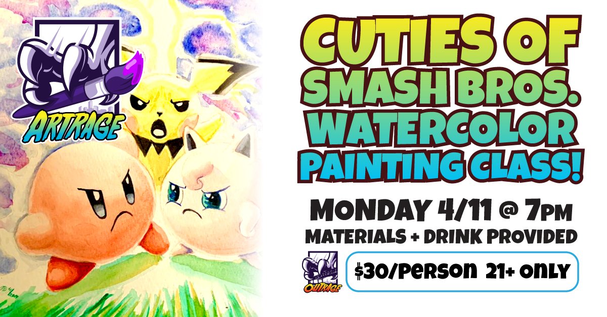 Come learn to paint the fluffiest, deadliest Smash Bros characters this Monday 4/11 at @PDXOutrage! Materials and drink provided, no experience needed!
Get your ticket now: bit.ly/2HRWTbT  
#Portland #pdxevents #portlandevents #pdxart