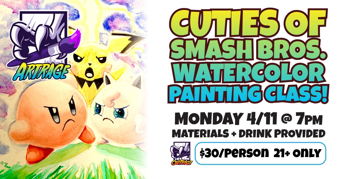 ArtRagePDX's tweet image. Come learn to paint the fluffiest, deadliest Smash Bros characters this Monday 4/11 at @PDXOutrage! Materials and drink provided, no experience needed!
Get your ticket now: bit.ly/2HRWTbT  
#Portland #pdxevents #portlandevents #pdxart