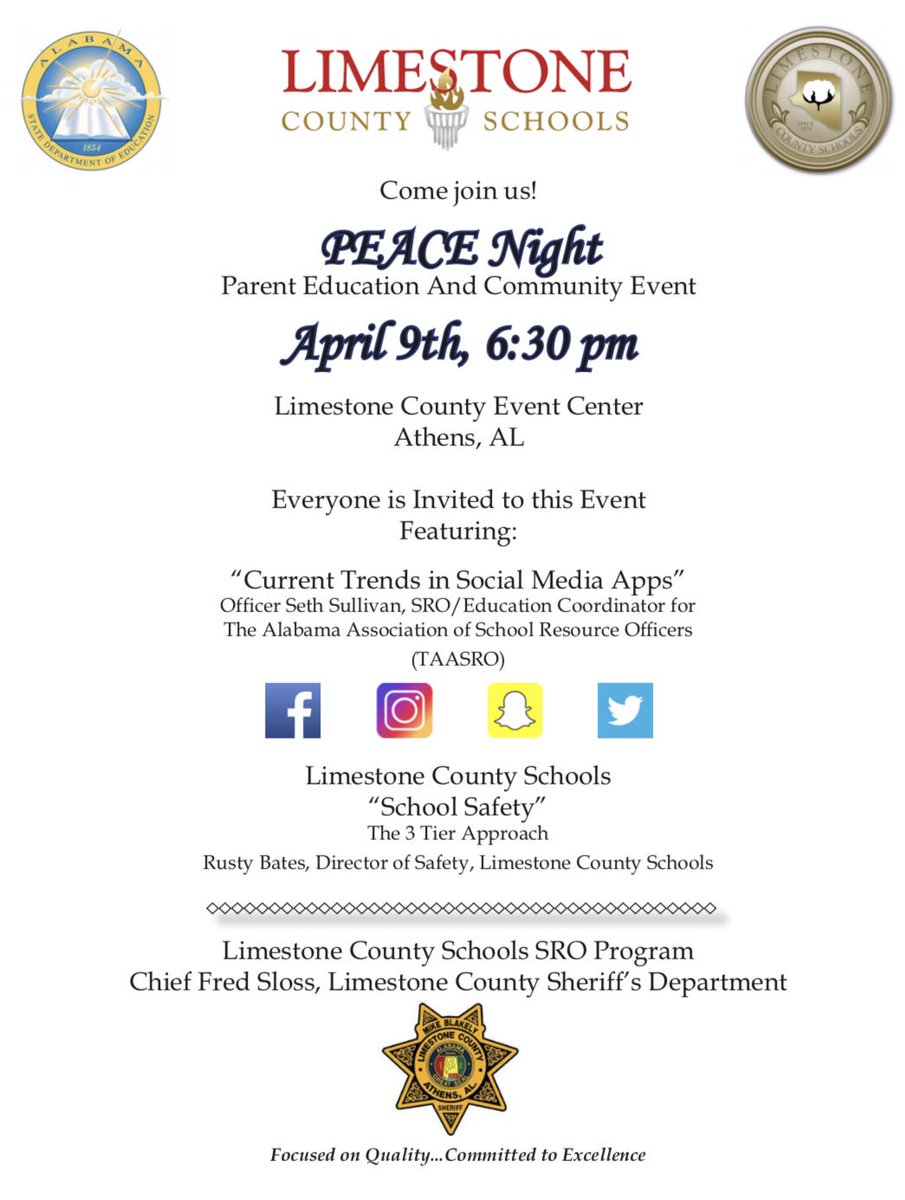 Join us for an informative parent night at the Limestone County Event Center on April 9 at 6:30 pm.  We will have a guest speaker who will share information about “Current Trends in Social Media Apps” and Mr. Rusty Bates will discuss school safety for Limestone County Schools!