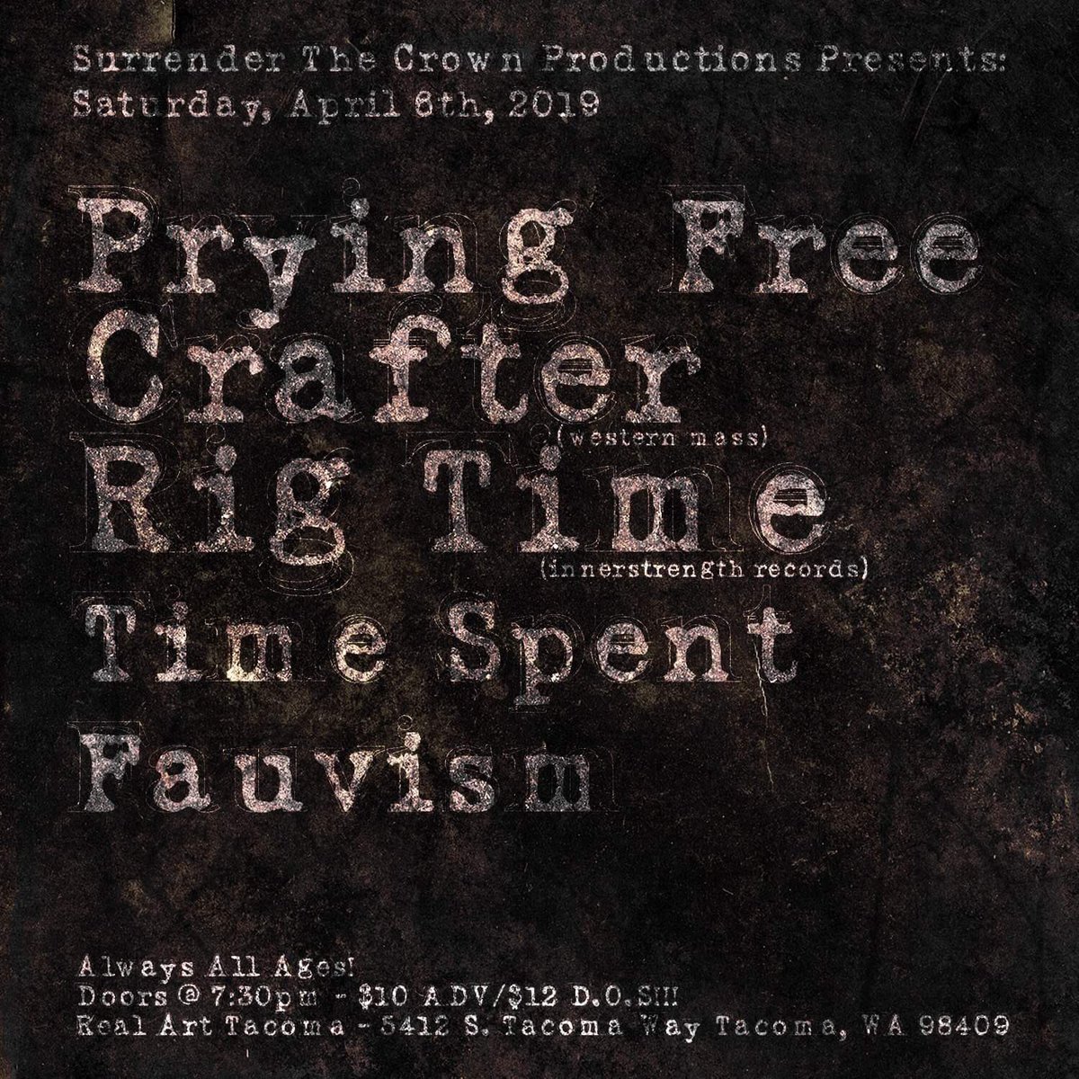 STCbookingnw's tweet photo. Saturday Night at @RealArtTacoma! #PryingFree #Crafterhc @rigtimeband @timespentwa & #Fauvism!!! Doors @ 7:30pm - $10ADC/$12 D.O.S!!! https://t.co/05gg4fcWjB