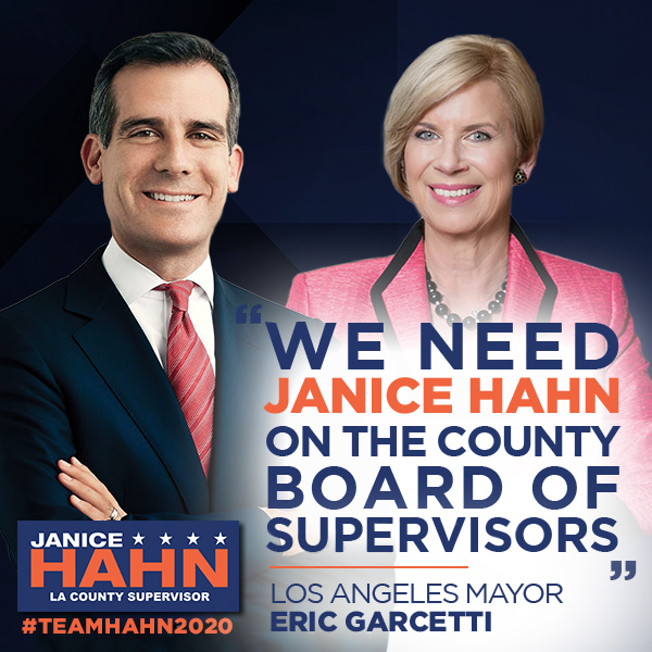JaniceHahn's tweet photo. Thank you Mayor @ericgarcetti for your endorsement of my 2020 re-election campaign! #BOS4 https://t.co/1VDXpaUPO6