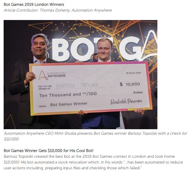 alc8's tweet photo. Take a look at our latest A-People article and find out how Bartosz Topolski, Syed Jaffery and Garuka Serasinghe took home top prizes at @AutomationAnywh's #BotGames London competition https://t.co/TaWq4zjXUP #RPA https://t.co/3fdUCw9Msi