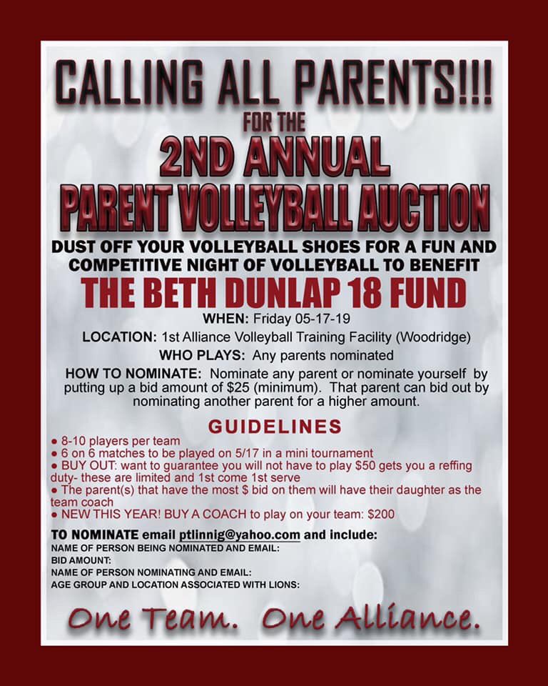 1stAllianceVBC's tweet photo. Here is more information about our parent scrimmage to be held on May 17th!
Start bidding and putting your teams together!
This was a huge success last spring and we are determined to make it even more successful this year for #BethStrong!

#1stALvbc #ParentScrimmage2019 https://t.co/qeeeHn0dbG
