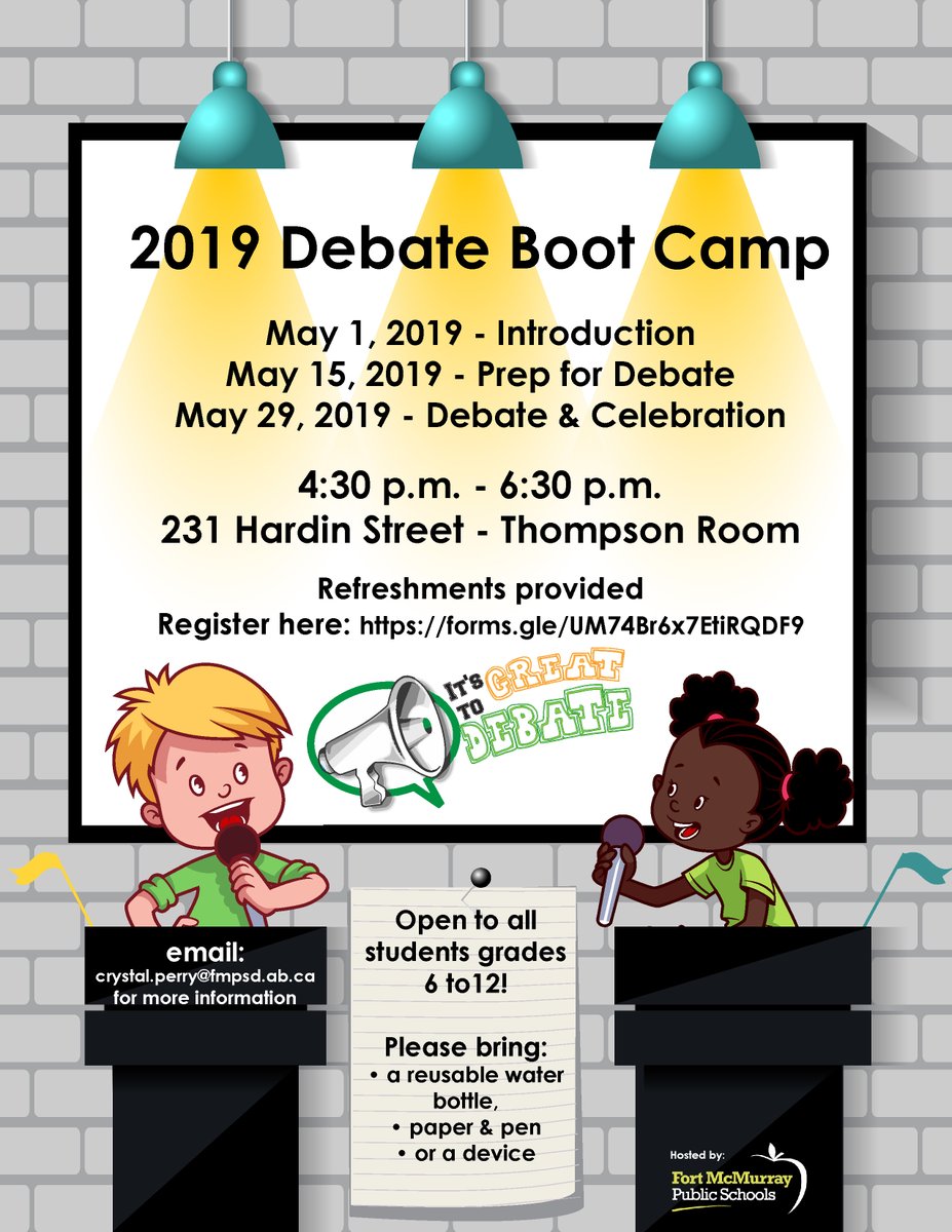 The_ELLTeacher's tweet photo. Save the Dates - May 1, 15, 29 - Debate Boot Camp, Grades 6-12 @FMPSD @DougNicholls2 @FSHS_Hayward @ms_ingram12 @LiteracyWire "It's Great to Debate!" #studentvoice #studentleadership #ymm https://t.co/DvmfJnLbUR