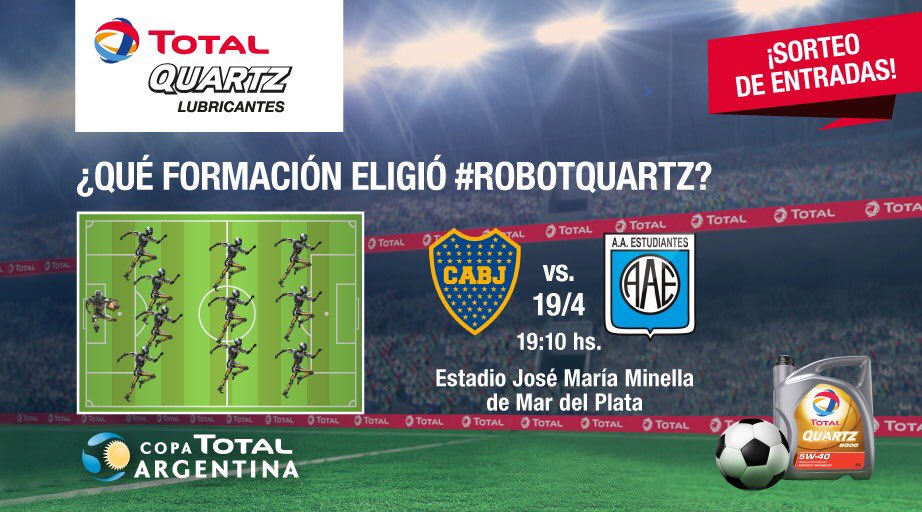 TotalEnergiesAR's tweet photo. ¡SORTEO DE ENTRADAS! ¿Querés ir a ver @BocaJrsOficial vs. @EstudiantesRio4? 
Seguinos y respondé: ¿Qué formación eligió Robot Quartz para salir a la cancha?
Like: 4-4-2
RT: 4-3-3 https://t.co/aRqtNXxdip