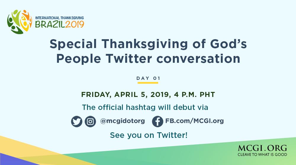 mcgidotorg's tweet photo. Join the Special Thanksgiving of God’s People Day 1 Twitter conversation!

Friday, April 5, 2019 at 4 p.m.  PHT, God willing!

We will debut our official hashtag via our official accounts:
Twitter/Instagram: @mcgidotorg
Facebook: https://t.co/byHXHqyhbY

See you on Twitter! https://t.co/zNPIYlPqcJ