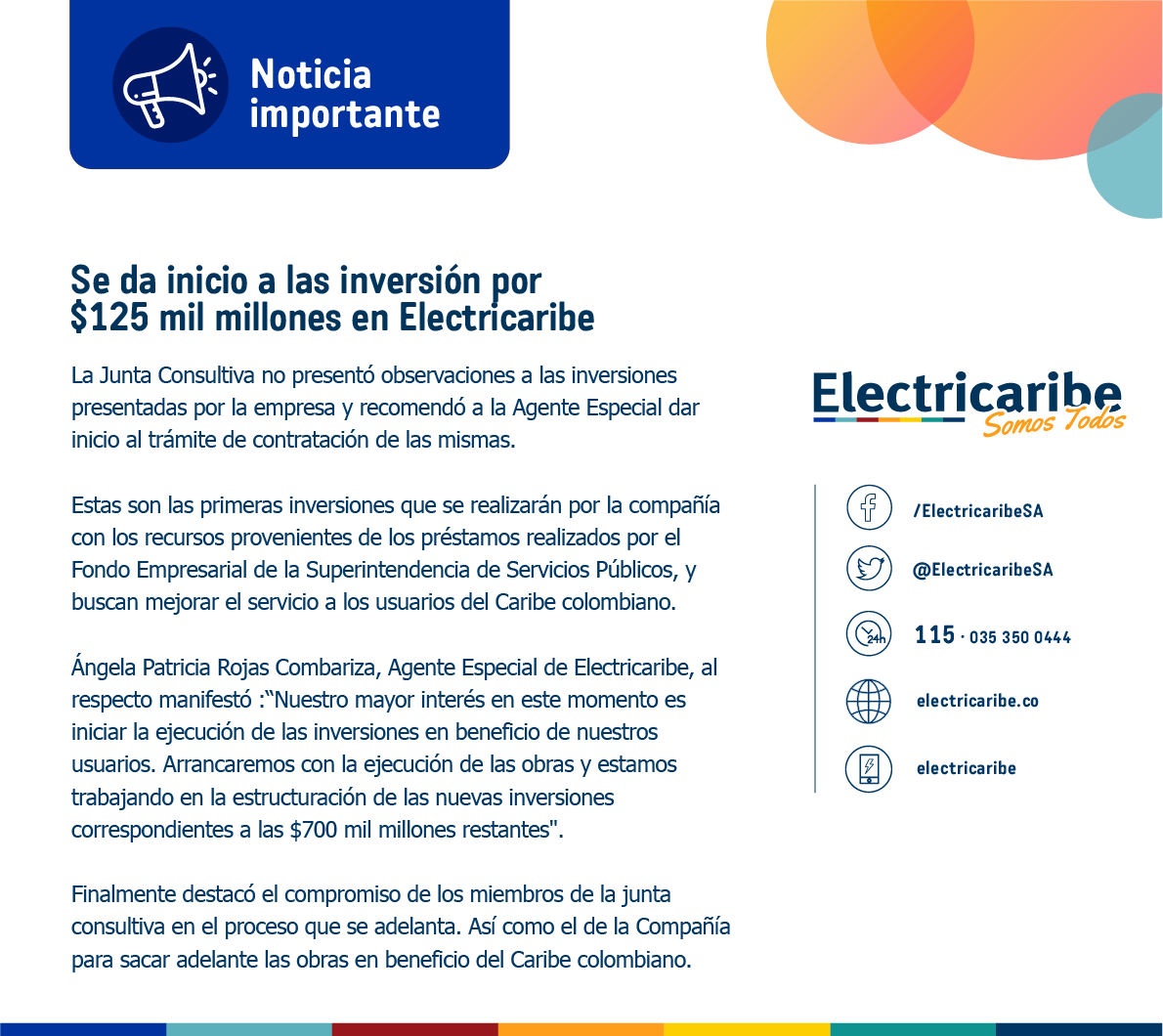 ElectricaribeSA's tweet photo. #Noticia | La Junta Consultiva no presentó observaciones a las inversiones presentadas por la empresa y recomendó a la Agente Especial, @Angelaprojasc, dar inicio al trámite de contratación de las mismas. https://t.co/l6VDxP3TpG
