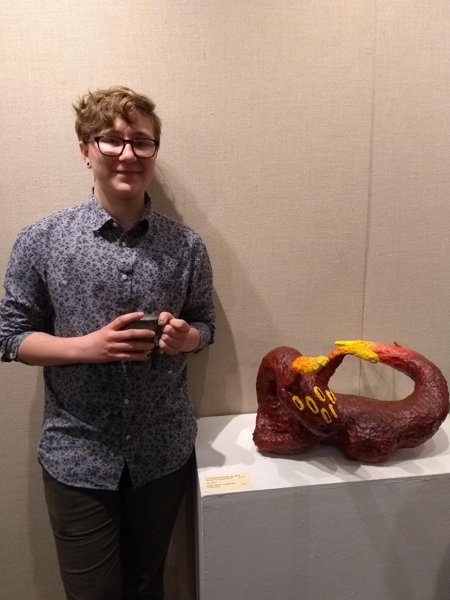 minouchecoussi's tweet photo. @bssnews and Ian Dale's with his wonderful sculpture: A friend from under the bed.  Another excellent art work at the Parrott Art Gallery done by a talented Bayside student. https://t.co/9ZH6oJiEEm