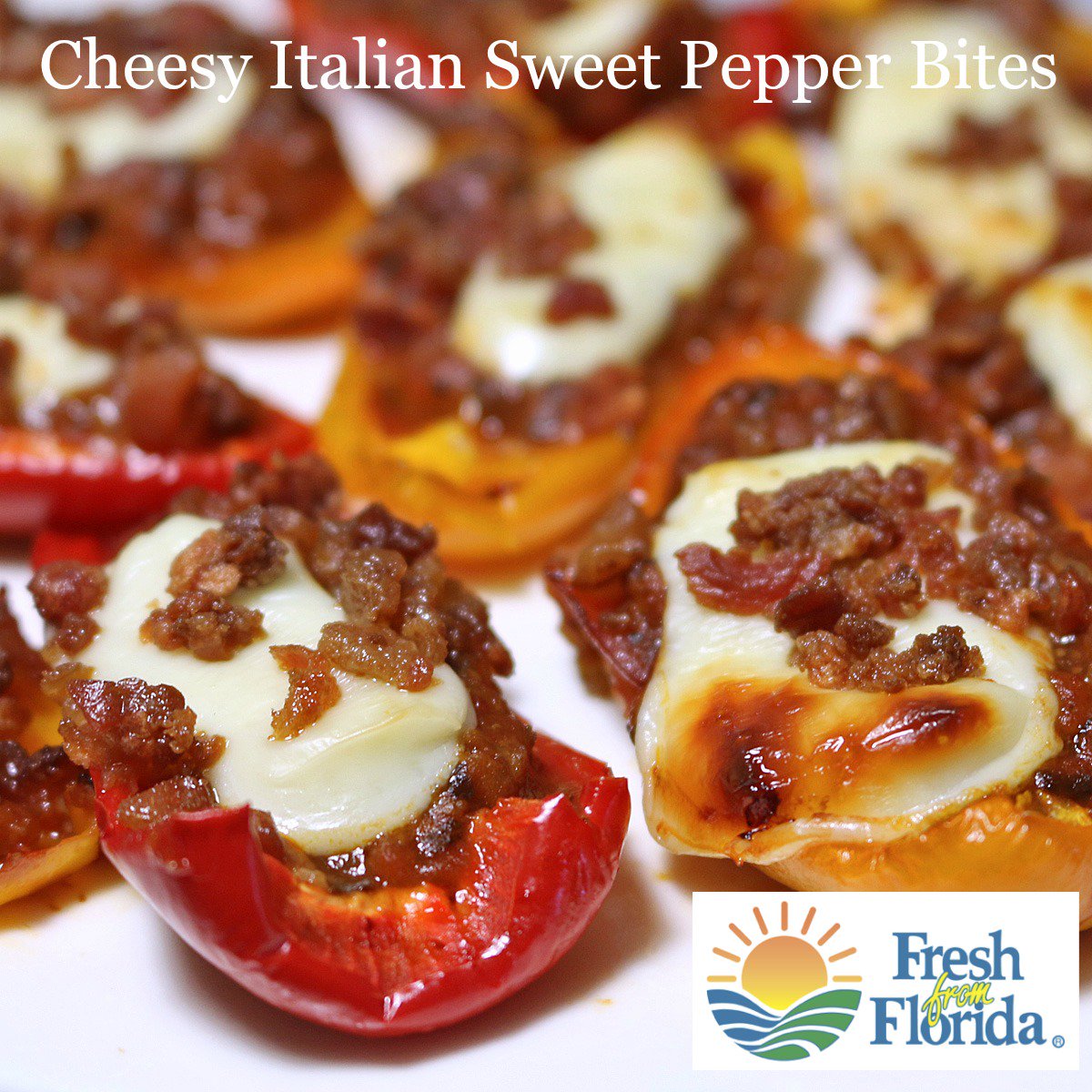 Cheesy Italian Sweet Pepper Bites will fly off the table at your next gathering! Made with <a href="/freshfromFL/">Fresh From Florida</a> Sweet Mini Peppers, spaghetti sauce, string cheese and bacon bits. #FreshFromFlorida #Peppers  #Ad bit.ly/2U27zXa