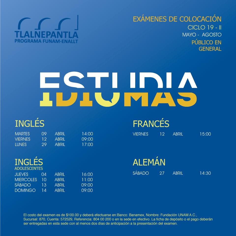 Fechas de Abril para examenes de colocación
Cliclo 2019-II    Mayo - Agosto