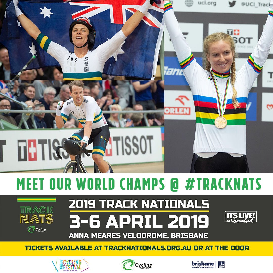 Last month in Poland, they claimed six world titles between them. Tonight before they hit the track for the scratch races, you can meet our World Champions in @ash_lee666 @alex_manly & @sam_welsford tonight at the Anna Meares Velodrome from 7-730pm! #tracknats.