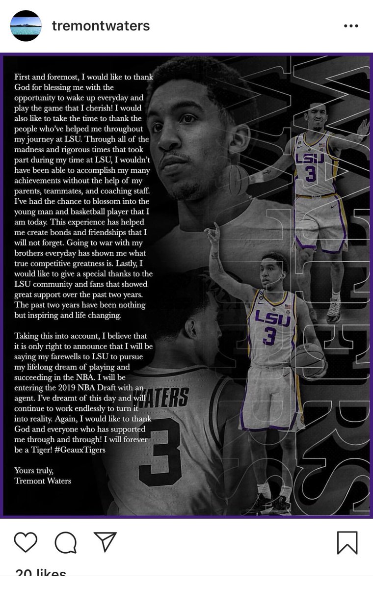 Amie_Just's tweet photo. BREAKING: #LSU guard Tremont Waters has declared for the NBA Draft, via his Instagram. https://t.co/hi2xDkCTQv