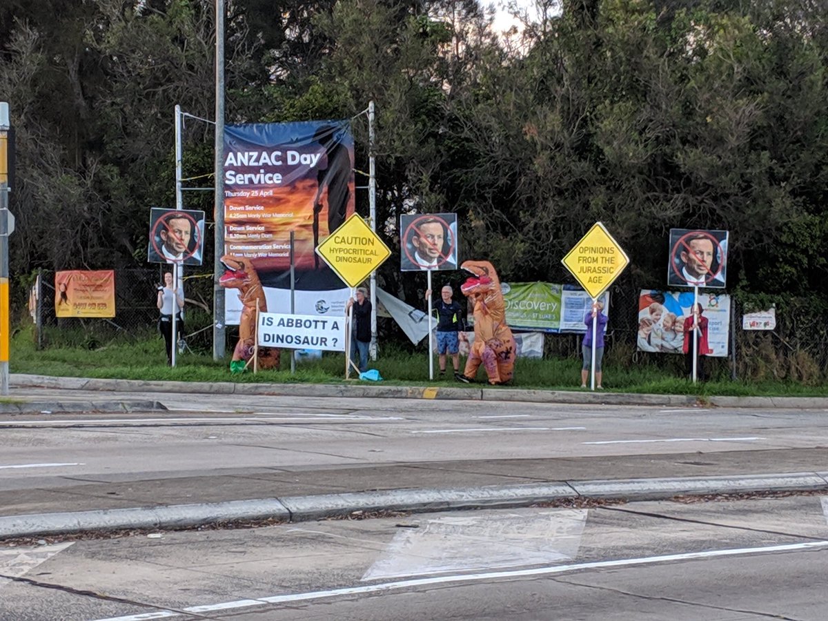 warringah19's tweet photo. Great to be out with the gang at #warringahmall yesterday morning! Gutted the local butcher wouldn’t sell me a whole live goat as a post-outing snack, but guess the many approving honks and waves (almost) made up for it.... #warringahvotes #warringahdinosaurs #votetonyout #auspol https://t.co/mmYI5N23yz
