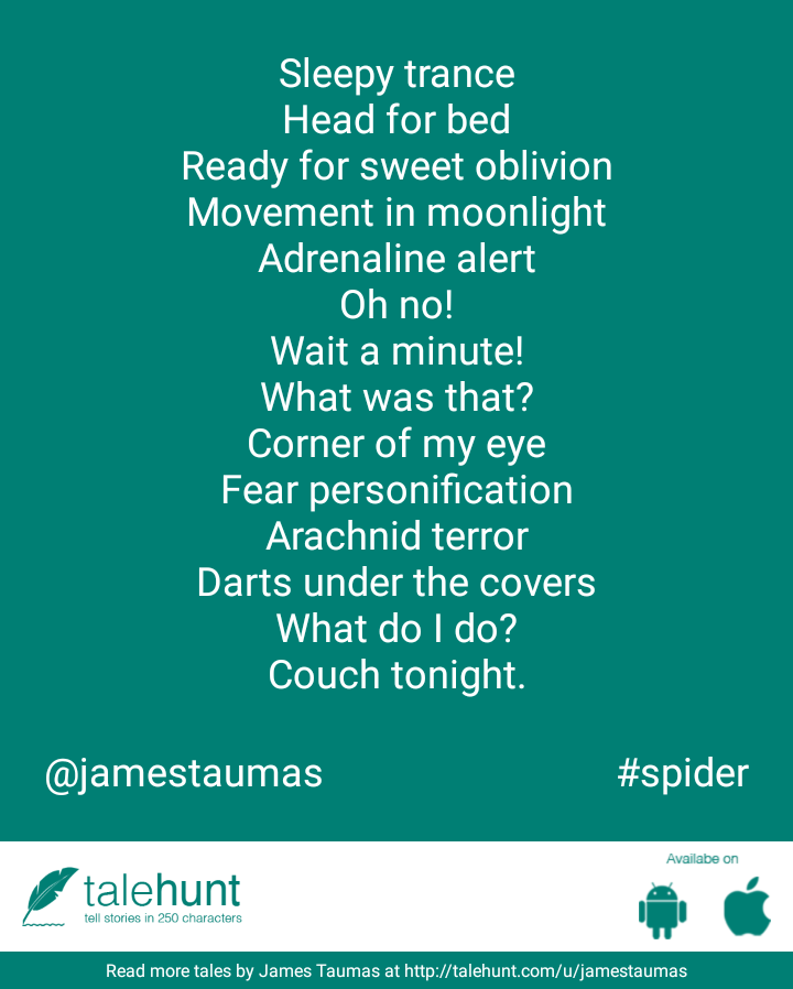 JTaumas's tweet photo. Read my tale on #TaleHunt #amwriting #fear #arachnophobia #arachnid #spider #Bedtime #bed #bedroom
https://t.co/Yx8K6Uu4ww https://t.co/Kzpk3iTNhY
