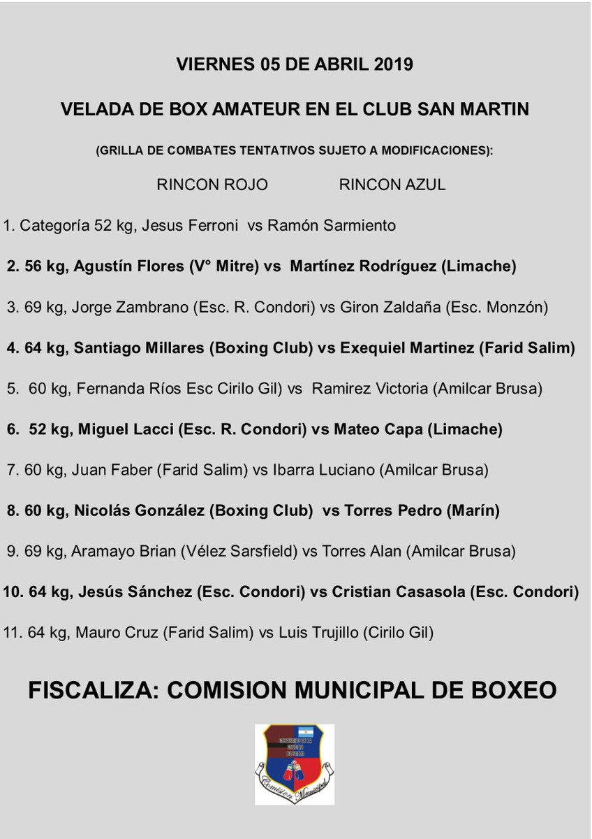 vascoG10's tweet photo. Boxeo de @EscMuniBoxSalta mañana en el club San Martín de la ciudad de Salta. Habrá 11 combates y comenzará a las 22.30 horas. #FeSalBox #UnionProvincialBox https://t.co/Eu8MjVNuVF
