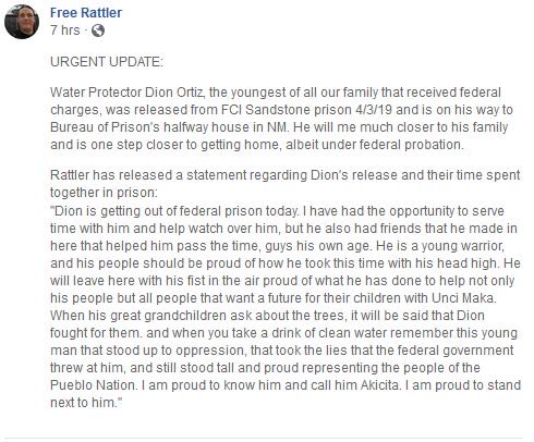 WaterIsLifeWPLC's tweet photo. Water Protector Dion Ortiz has been released
Rattler, Red Fawn & Little Feather are still imprisoned
Angry Bird is serving his sentence at home in Standing Rock
Learn more:
https://t.co/I5Foon3nwr
#freeRattler
#freeRedFawn
#freeLittleFeather
(Attached is a statement from Rattler) https://t.co/Ib0y65STGr
