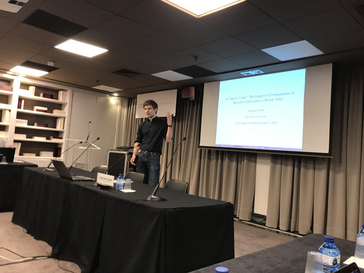 Hey hey hey! We're back here with our second day of the  #8thNCIDResearchWorkshop. There's four seminars to go. First on is Jonathan Lehne from  @PSEinfo with his presentation An Opium Curse? The Long- Run Economic Effects of Nar- cotics Cultivation in British India.