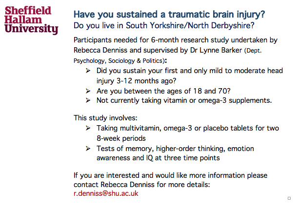 Neuro_Ceutical's tweet photo. I am still looking for participants in South Yorkshire/North Derbyshire. If you have had a TBI in the last 2 years, are 18-70, have experienced cognitive changes and would like to be involved in a study investigating micronutrients and recovery, please get in touch! https://t.co/Ja9EMEqsbg