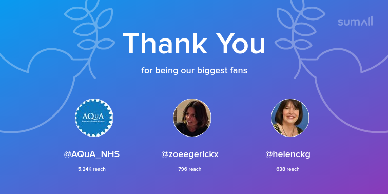 Our biggest fans this week: <a href="/AQuA_NHS/">Advancing Quality Alliance (Aqua)</a>, <a href="/zoeegerickx/">Zoe Egerickx</a>, <a href="/helenckg/">Helen Kilgannon</a>. Thank you! via sumall.com/thankyou?utm_s…