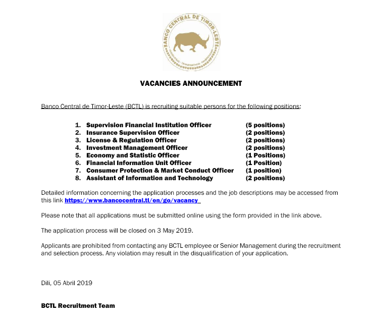 BCTIMORLESTE's tweet photo. VACANCIES ANNOUNCEMENT 
All applications must be submitted online using the forms provided in  the link below   https://t.co/kfviRL5y5h 
The application process will be closed on 3 May 2019.
For more information please visit https://t.co/weDNpTWoAi https://t.co/xkmNhhVIoQ