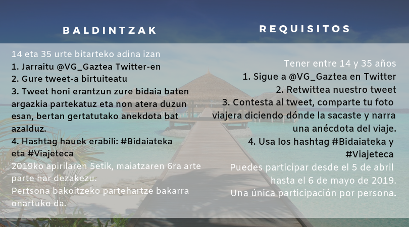 VGgaztea's tweet photo. 🏆📷Bat-bateko argazki kamera bat irabazi!
@VG_Gaztea jarraitu, hau birtuiteatu eta erantzun zure bidaia baten argazki bat igotzen, bertako anekdota bat kontaguzu. Ez ahaztu #Bidaiateka eta #Viajeteca hashtag-ak erabiltzea! 2019/05/06 arte. Oinarriak; https://t.co/4Cr199IZdS https://t.co/wv4usDjod6