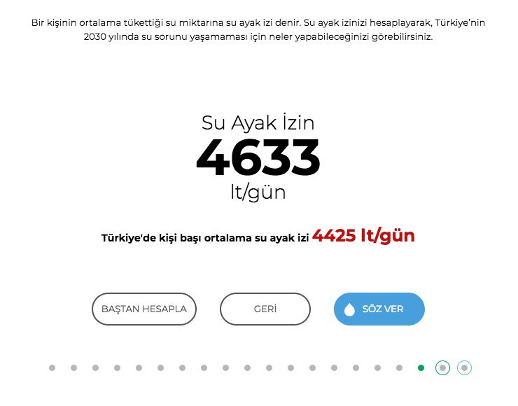 Günlük -doğrudan ya da dolaylı- tükettiğimiz suyu ölçmüyoruz. Faturalarımız da bu konuda açıklayıcı olmaktan uzak. Oysa gerçekler kelime anlamıyla 'dehşet verici'. Benim günlük tüketimim 4,6 TON çıktı. Şu adresten siz de hesaplayabilirsiniz: yarininsuyu.com