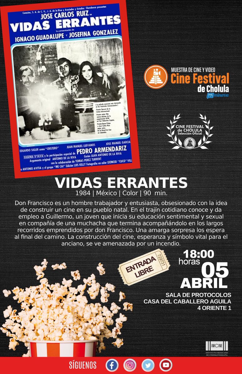 Viernes 05 de Marzo proyección de la película "Vidas Errantes", 6 pm. Casa del Caballero Águila 
ENTRADA LIBRE, no falten es viernes de pizza para el publico en llegar primero!  
#cine en #Cholula #FelizViernes