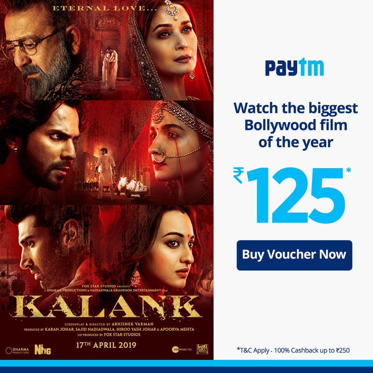 starstudio18_'s tweet photo. Blown away by the grandeur in the #KalankTrailer? Now you can pre-book your tickets on @PaytmTickets - https://t.co/LlXt9Fsd0m
#Kalank releases on Wednesday, 17th April. Book now!
@duttsanjay #AdityaRoyKapur @Varun_dvn @aliaa08 @sonakshisinha @MadhuriDixit @abhivarman https://t.co/wngpfvikCk