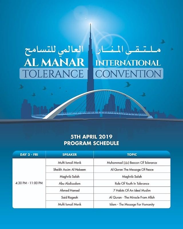 ManarConvention's tweet photo. Day 3 - Event Schedule. 
Join us for the last day of the Al Manar International Tolerance Convention at Dubai World Trade Center.

#AlManar #UAE #Dubai #DWTC #MuftiMenk #SheikhSaidRageah #SheikhAssimAlHakim #AbuAbdissalam #AhmedHamed https://t.co/DXxpXxhfGf https://t.co/iYT05998HC