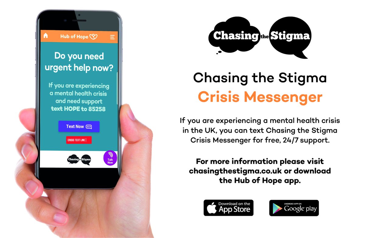 ChasingStigma's tweet image. We are delighted to introduce the Chasing the Stigma Crisis Messenger service, providing free, 24/7 crisis support across the UK.

If you are experiencing a mental health crisis and need support, you can text HOPE to 85258.

Find out more: chasingthestigma.co.uk/news/text-hope…