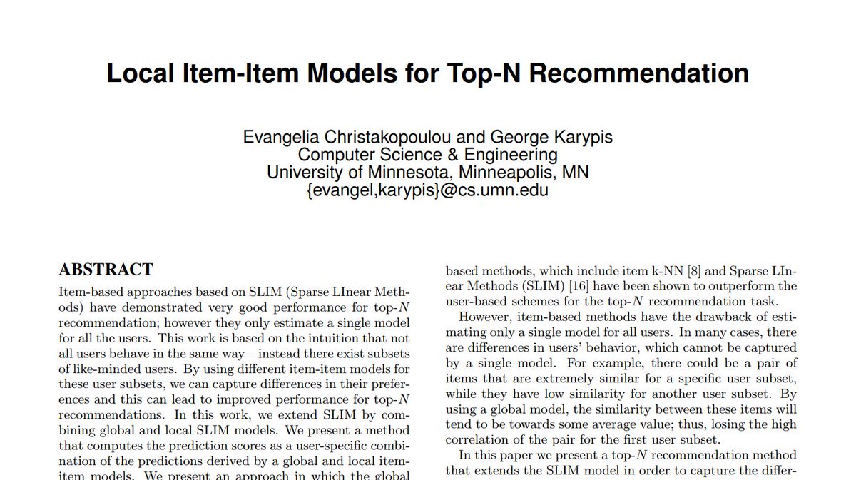 WiMLDS_Paris's tweet image. [📜#FridayWiMLDSParis] &quot;Local Item-Item Models For Top-N #Recommendation&quot; by Evangelia Kristakopoulou &amp;amp; George Karypis #RecSys2016 Best Long Paper Award bit.ly/2G0QXei #WiMLDS #WiMLDSParis #RecSys