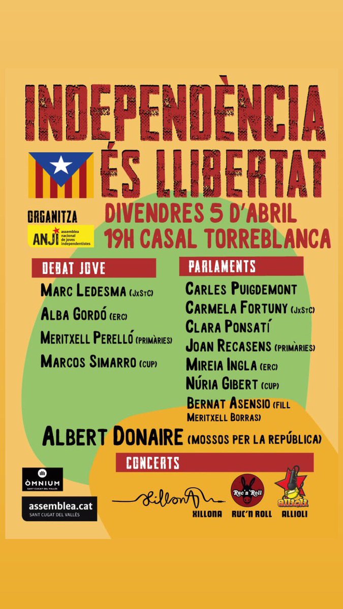 Avui a les 19h veniu al Casal Torreblanca! Comptarem amb l’<a href="/albertdmcat/">ᗩlbertDM ||*||🏴󠁧󠁢󠁥󠁮󠁧󠁿🏳️‍🌈🏴󠁧󠁢󠁳󠁣󠁴󠁿</a> , un debat jove sobre el futur del país, concerts i més! #SantCugat