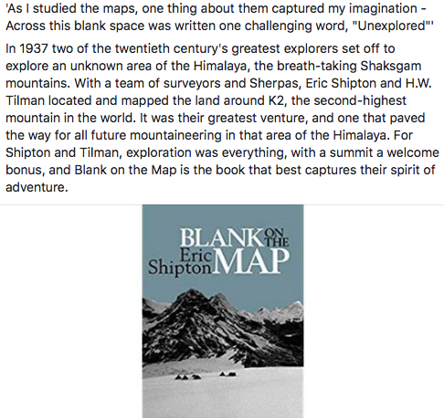 VertebratePub's tweet photo. #Excitingnews! We've released #EricShipton's #mountaineering #classic, Blank on the Map. Our new edition, compete with photographs and a striking new cover design now available: https://t.co/nBvdzzaznF
#K2 #Himalaya #adventure #adventurebooks #climbing #climbingbooks #Tilman https://t.co/lX5AgQsSyP