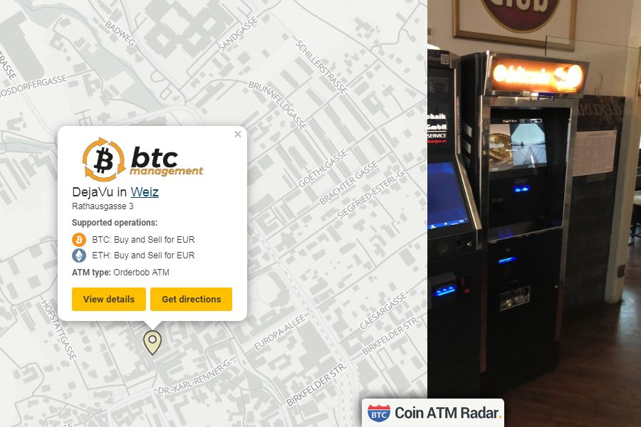CoinATMRadar's tweet photo. Check this out! New installed #OrderbobATM #bitcoin machine at DejaVu in #Weiz. Operated by #BTCManagementGmbh. Supported operations and coins: #BTC #ETH https://t.co/YjhuhMZMXU https://t.co/dWPvxBAMXy