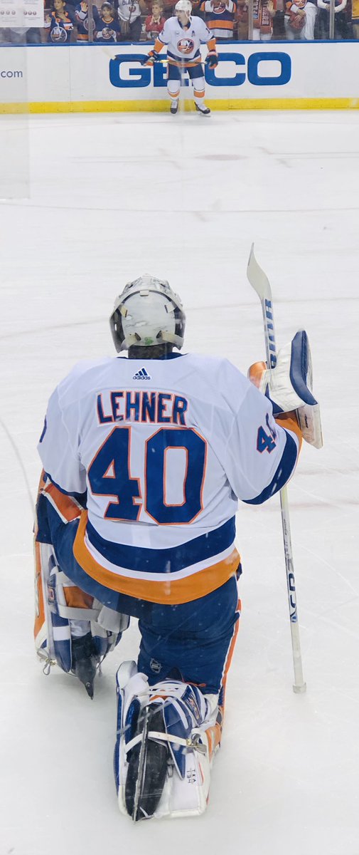 Peejington's tweet photo. Great seeing the boys on the road tonight! Huge win for the @NYIslanders . @RobinLehner chillin during warm ups! #isles #NHL #playoffbound https://t.co/ehPydeyALG