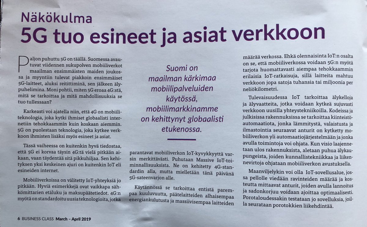 KinnunenEsa's tweet photo. Aamun Hesarin liitteessä DNA:n @JarkkoLaari kertoo mitä 5G tuo lisää IoT-markkinoille. @DNA_Business https://t.co/XI4GnYlmBd