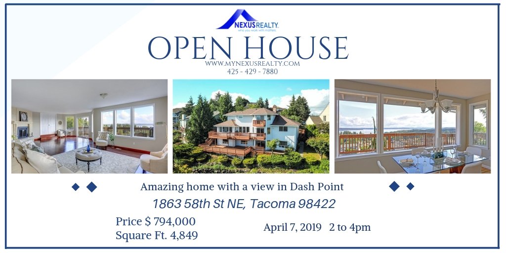🏡 #OPEN_HOUSE 📣
Amazing home with a view in Dash Point with 5🛏 4🚿 2🚗 1🔥 Sq.Ft.: 4,849

OPEN HOUSE: 
April 7, 2019, Sunday - 2 to 4pm

😉 See you there!

#Tacoma #HouseForSale #NexusTeam #RealEstate #RealEstateServices #RealEstateInvestment