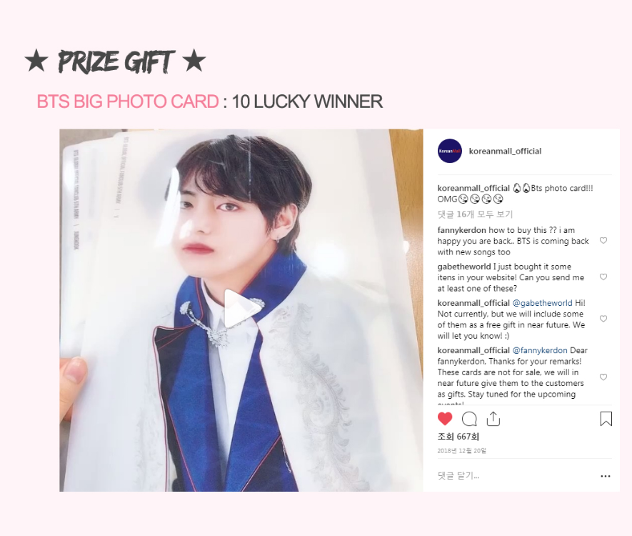 MallKorean's tweet photo. What? Free BTS photocard!? ๐
ENJOY BTS PRIZE GFT EVENT,
All purchasers of BTS new album will get FREE PHOTOCARD!
Don't miss the chance!
#BTS #BTS_EVENT #BTS_Koreanmall #BTS_Photocard https://t.co/BUNufj8GZW