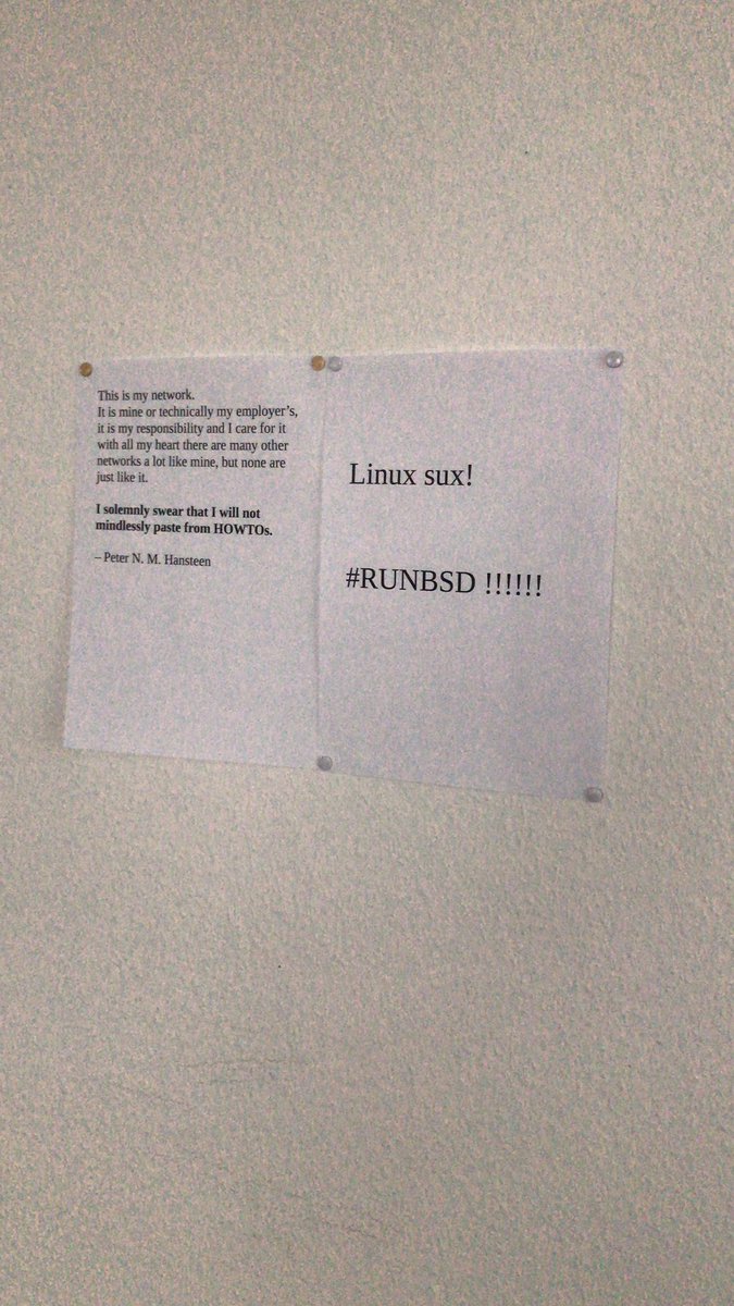 skateah0lic's tweet image. I put those up, just to remind my coworkers to #RUNBSD #OpenBSD