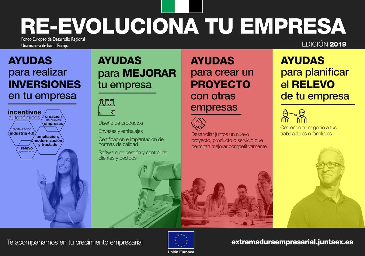 ¡RE-EVOLUCIONA TU EMPRESA! 
🔴 Solicita ayudas para invertir en tu negocio: 
 ✅ Subvenciones a la competitividad
 ✅ Incentivos Autonómicos
 ✅ Relevo empresarial 
 ✅ Cooperación entre empresas
ℹ Infórmate en extremaduraempresarial.juntaex.es