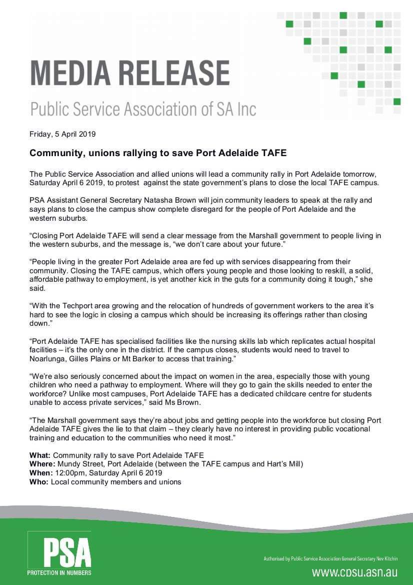 RALLY tomorrow 12pm - Save Port Adelaide TAFE